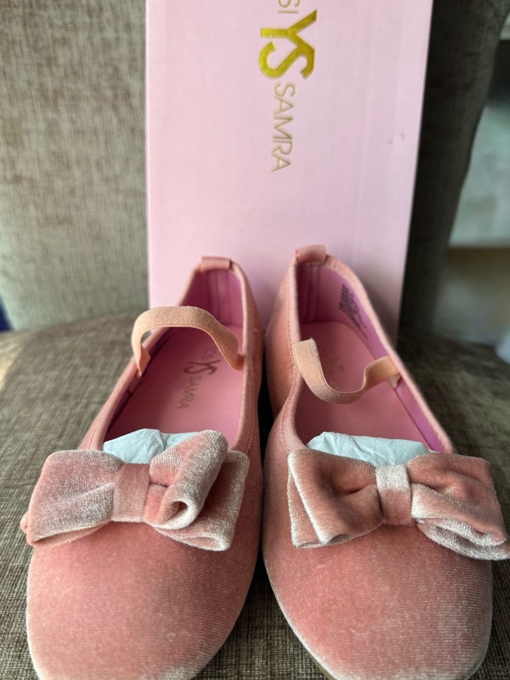 Yosi Samra Pink Velvet Bow Mary Jane Flats for Kids